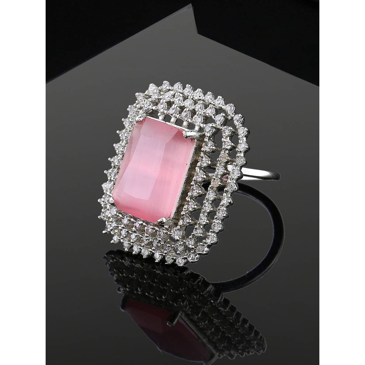 Estele Rhodium Plated Adjustable Cz Sparkling Finger Ring With Mint Pink Stone For Women