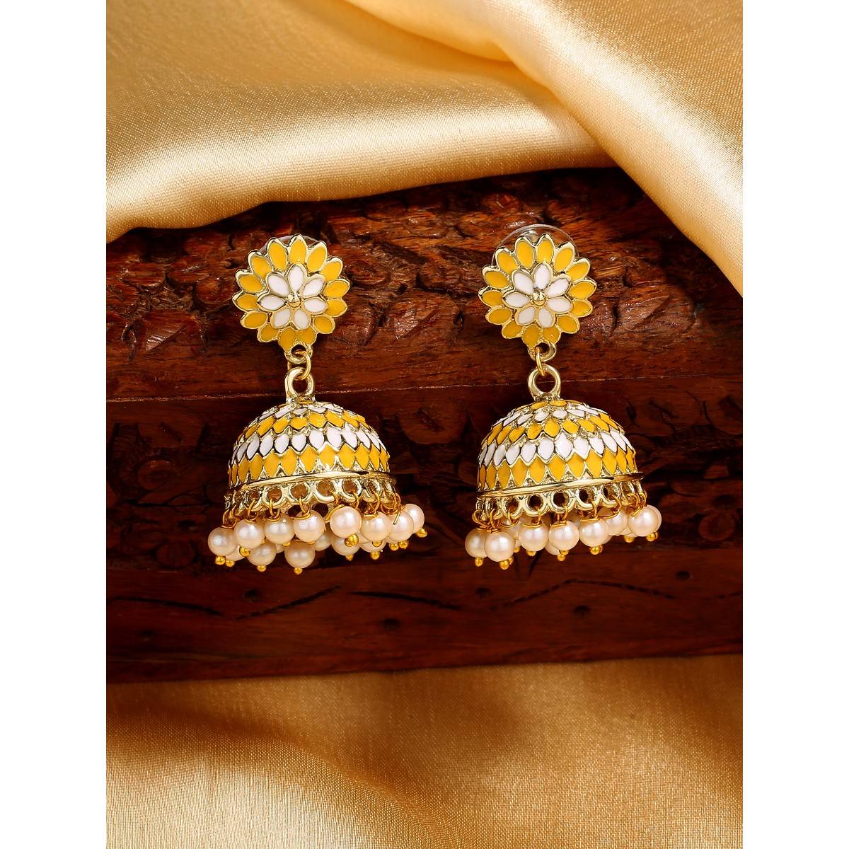 Estele Gold Tone Traditional Yellow Meenakari Jhumki Earrings with Pearls for Women