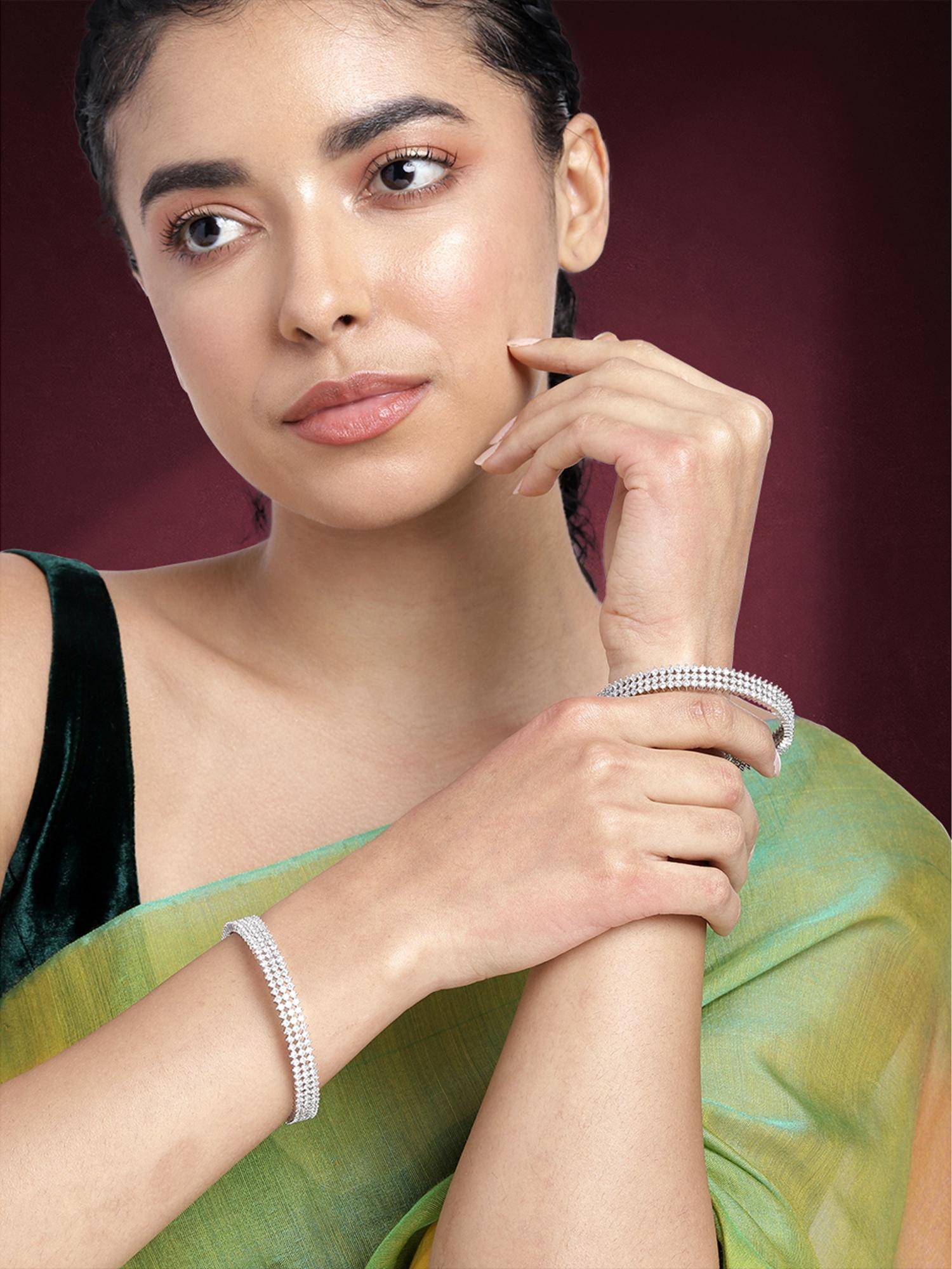 Peora Silver Plated White Cubic Zirconia Studded Stylish Bangle Set Jewellery for Women (2.6)