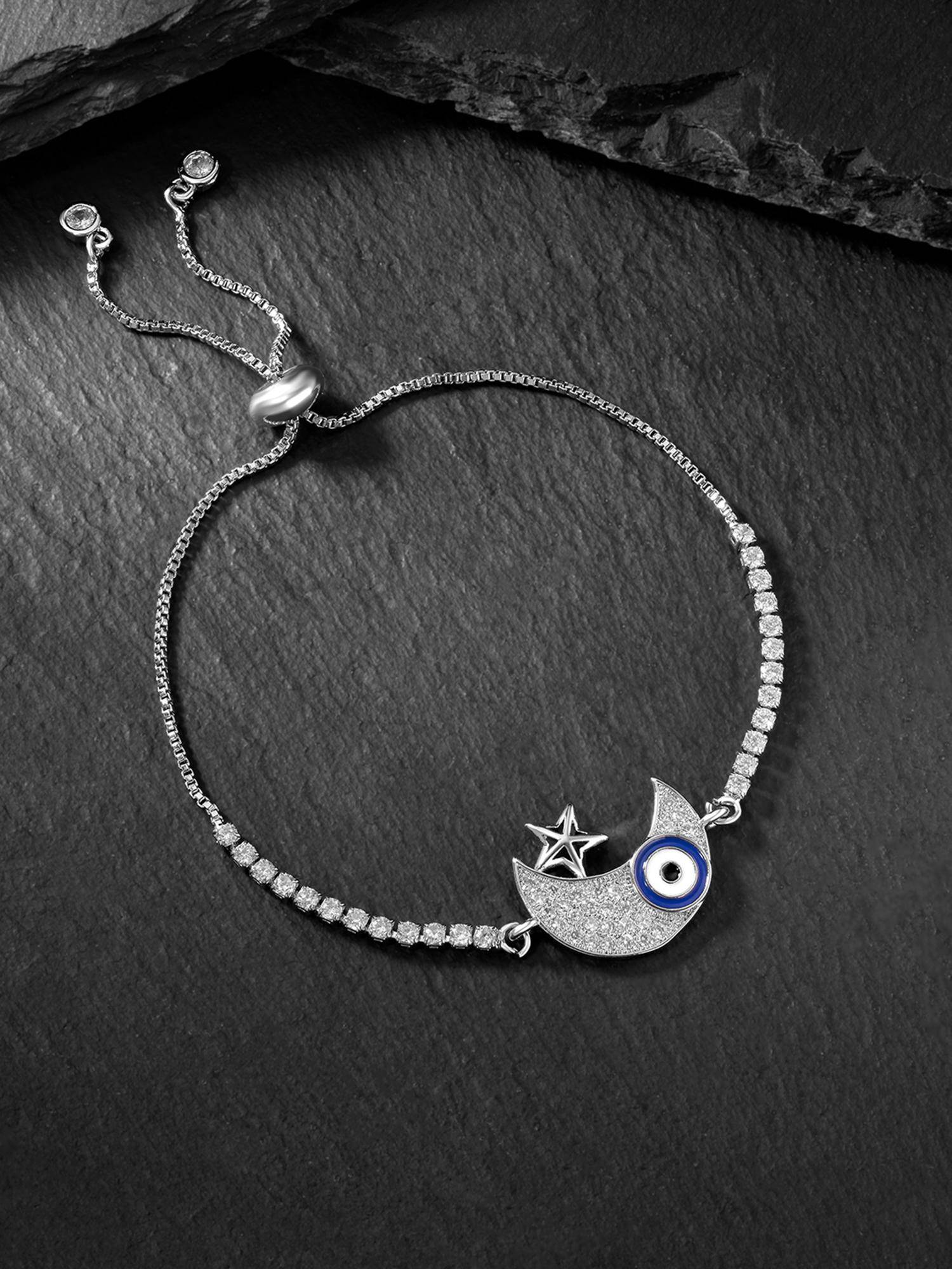 Peora Silver Plated Evil Eye Cubic Zirconia Studded Slider Bracelet for Women (Adjustable)