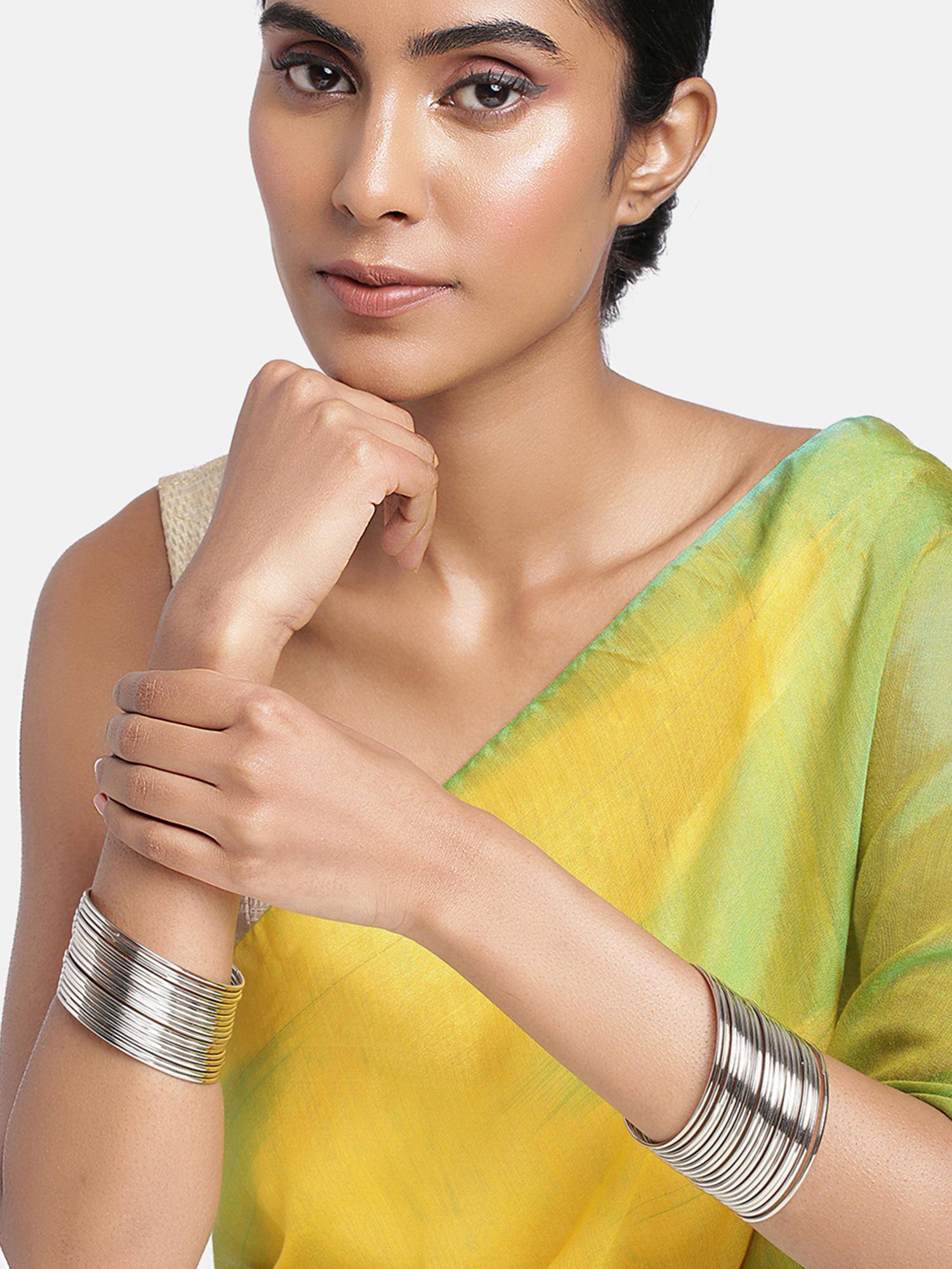 Peora Traditional Antique Look Silver Plated Metal Bangle Set for Women (2.4)