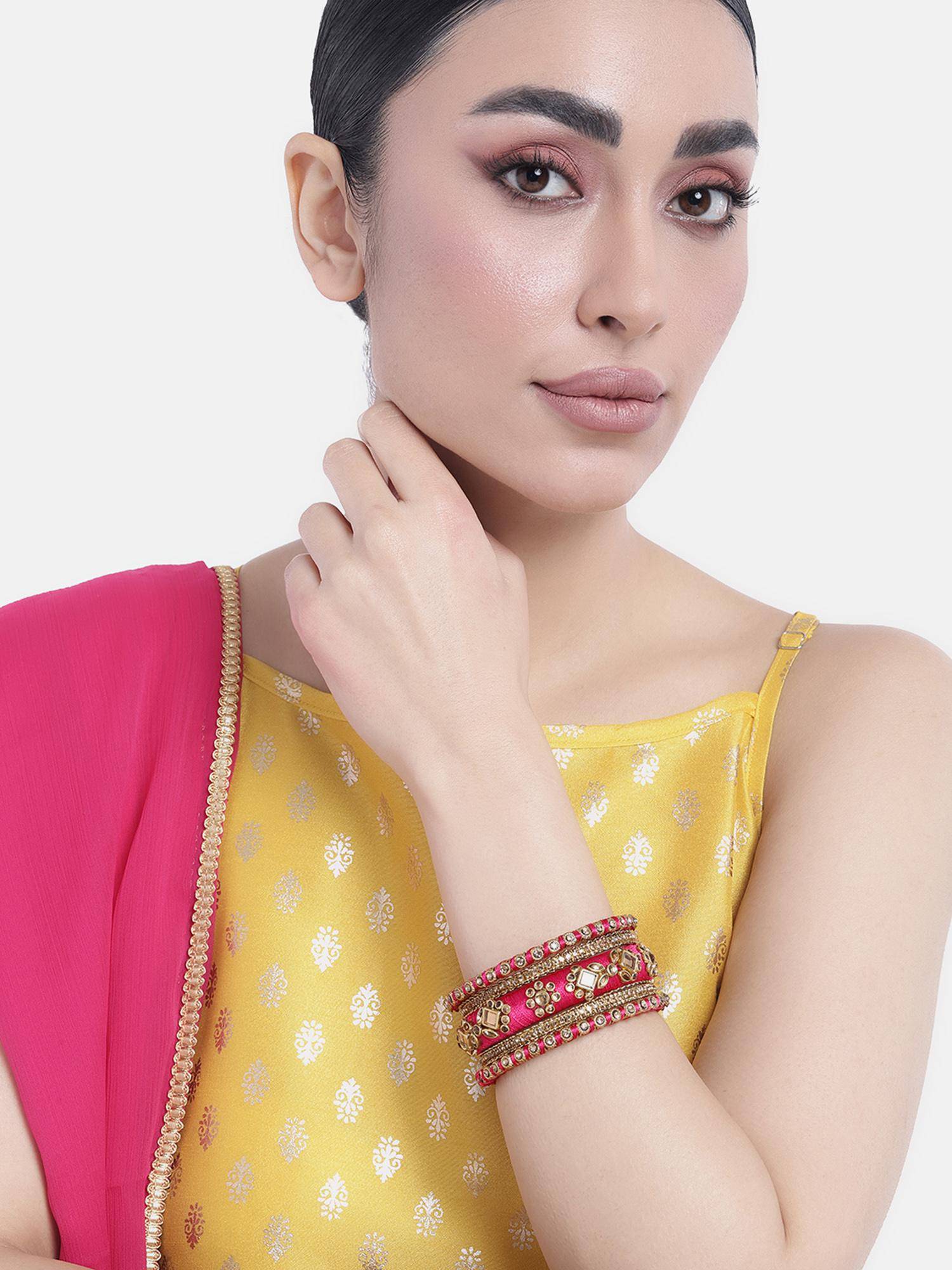 Peora Kundan Studded 2.6 Red Silk Thread Bangles Set Ethnic Fashion Gift for Women (2.6)