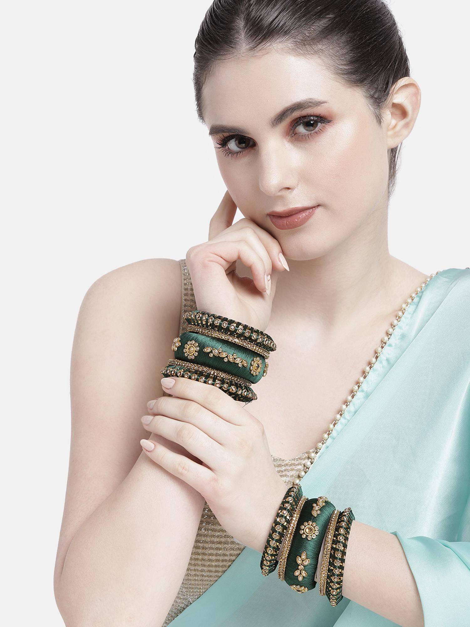 Peora Kundan Studded 2.6 Green Silk Thread Bangles Set Ethnic Fashion Gift for Women (2.6)