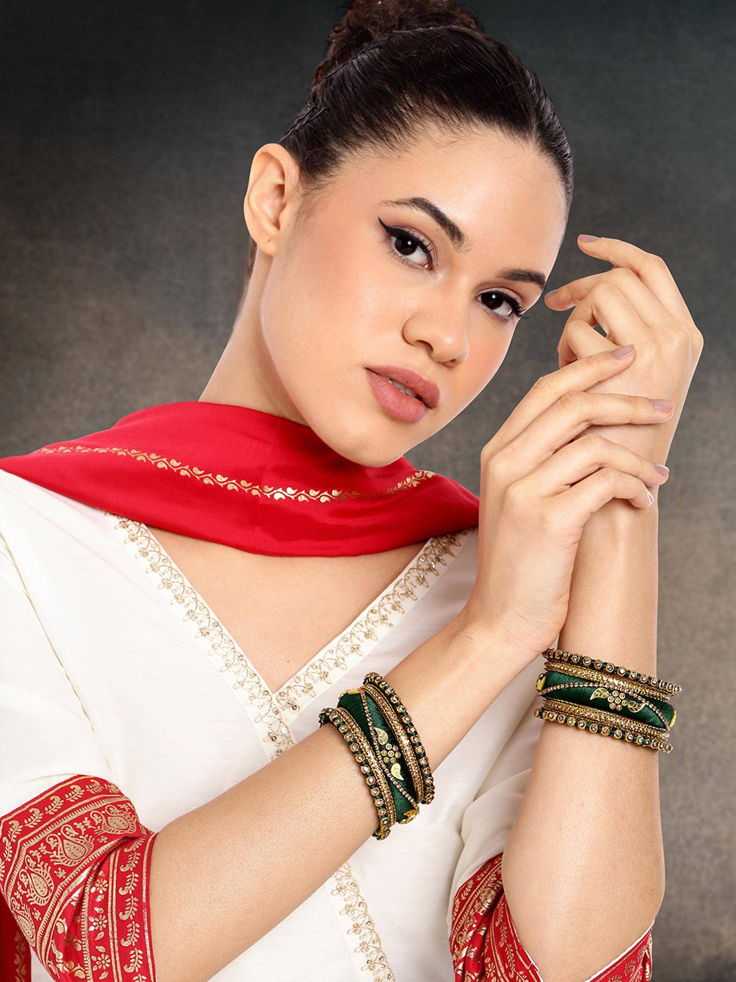 Peora Gold Plated Green Silk Thread and Stone Studded Chuda/Chura Bangle Set for Women (2.6)