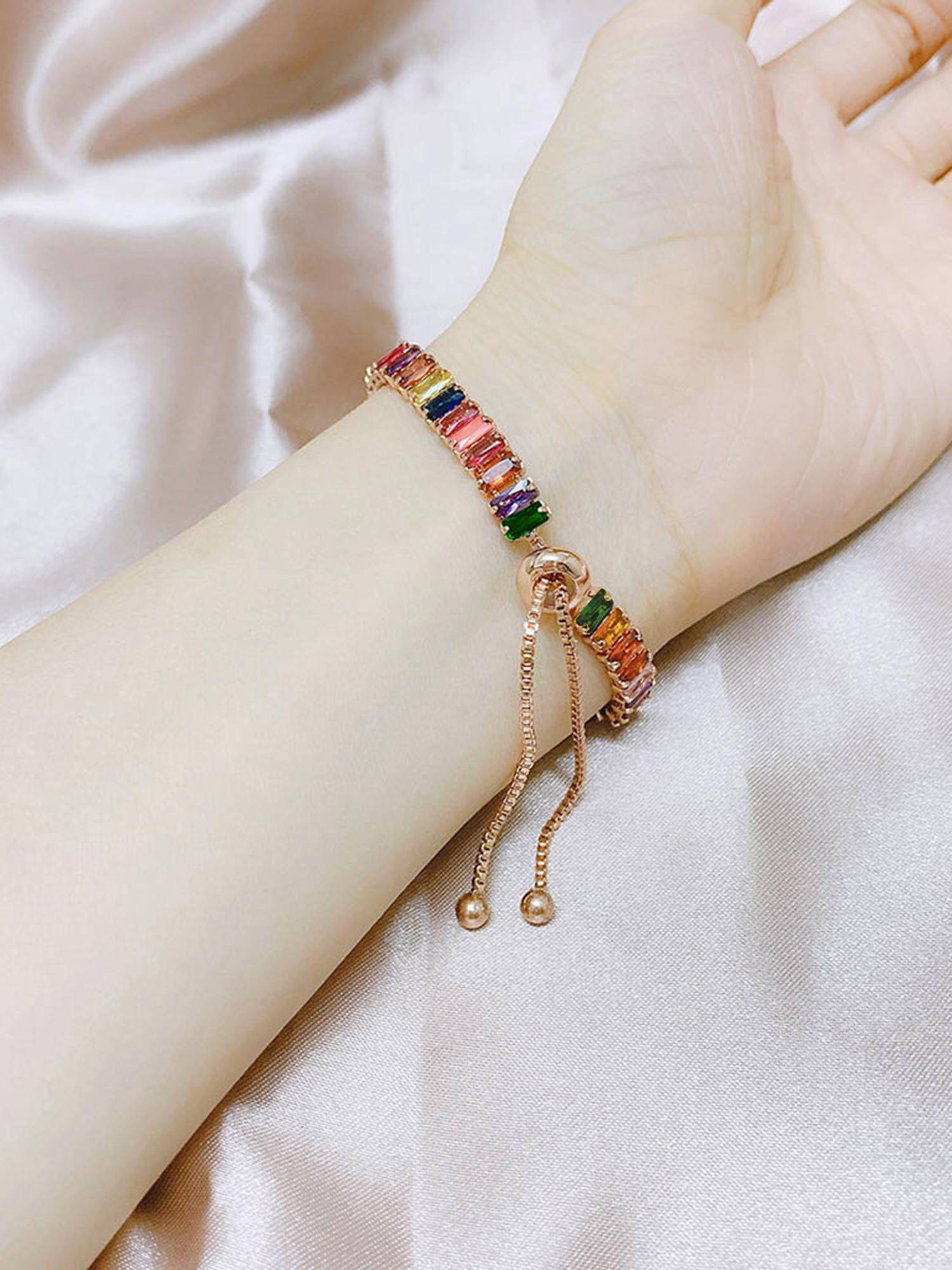 Peora Rose Gold Plated Multicolor Baguette Stone Studded Bracelet for Women (Adjustable)