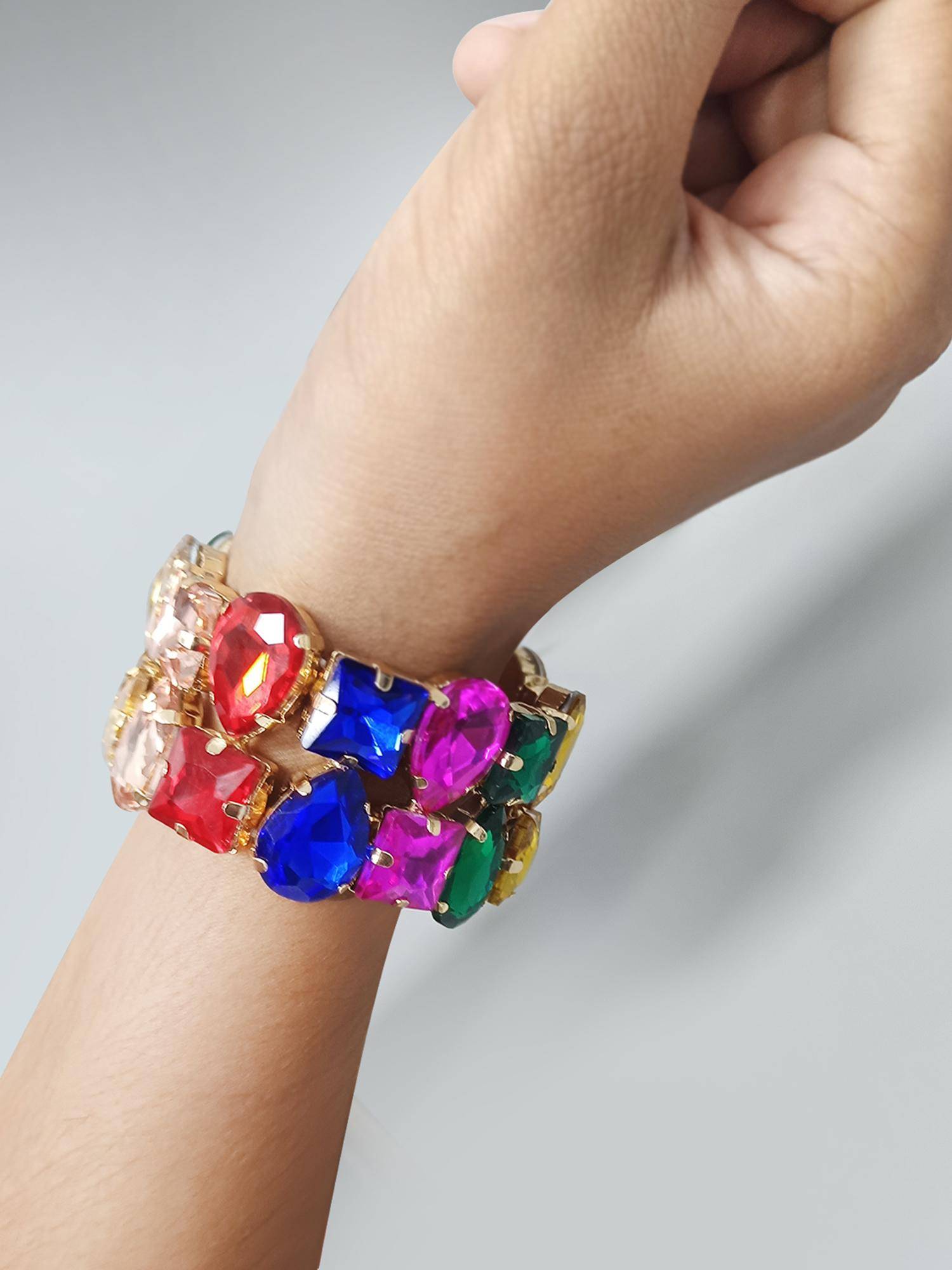 Peora Gold Plated Multicolor Crystal Studded Stretchable Bracelet Stylish Jewellery for Women