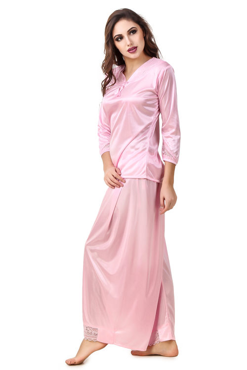 Buy LOOK PLUS Satin Nighty Full Length 2 Pieces Nighty Baby Pink (2 pcs Set  of Nighty Pyjama Top Nighty, wrap Gown ), Night Wear