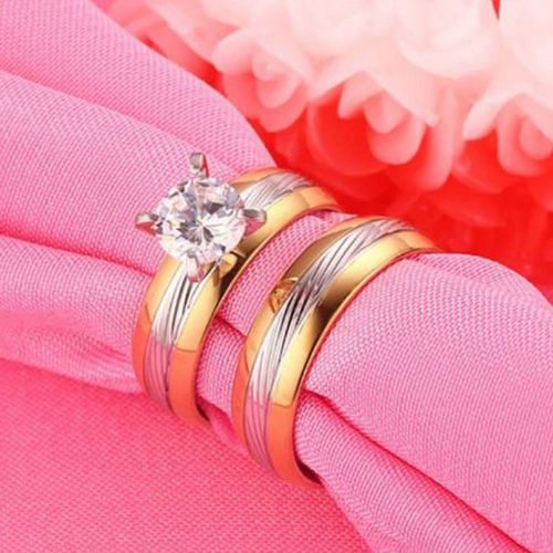 Peora Stainless Steel Silver Gold Tone Solitaire Matching Couple Ring Set  Anniversary (PFCCR62)