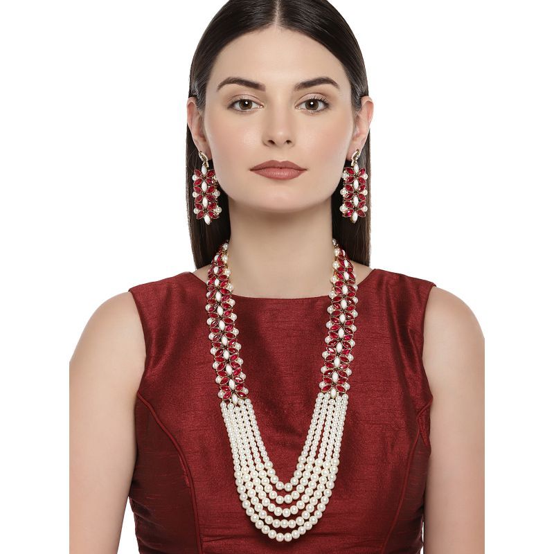 Buy Zaveri Pearls Pink Stones And Multi Layered Pearls Bridal Long