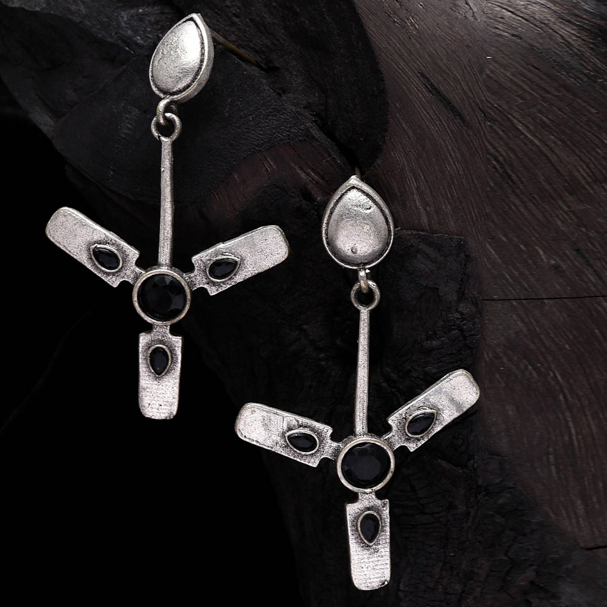 Moedbuille Black Stone Handcrafted Quirky Design Oxidised Silver Plated Contemporary Earrings