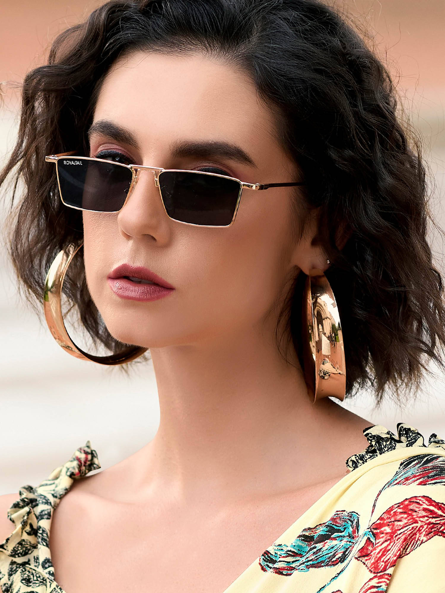 ROYALTAIL Blitz Gold Black Rectangle Sunglasses (RT-SUNG-102) (50)