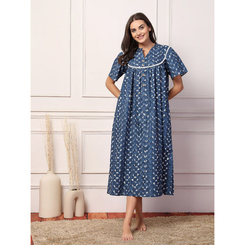 Zelena Navy Blue Cotton Printed Maternity Zipless Feeding Nighty (M)