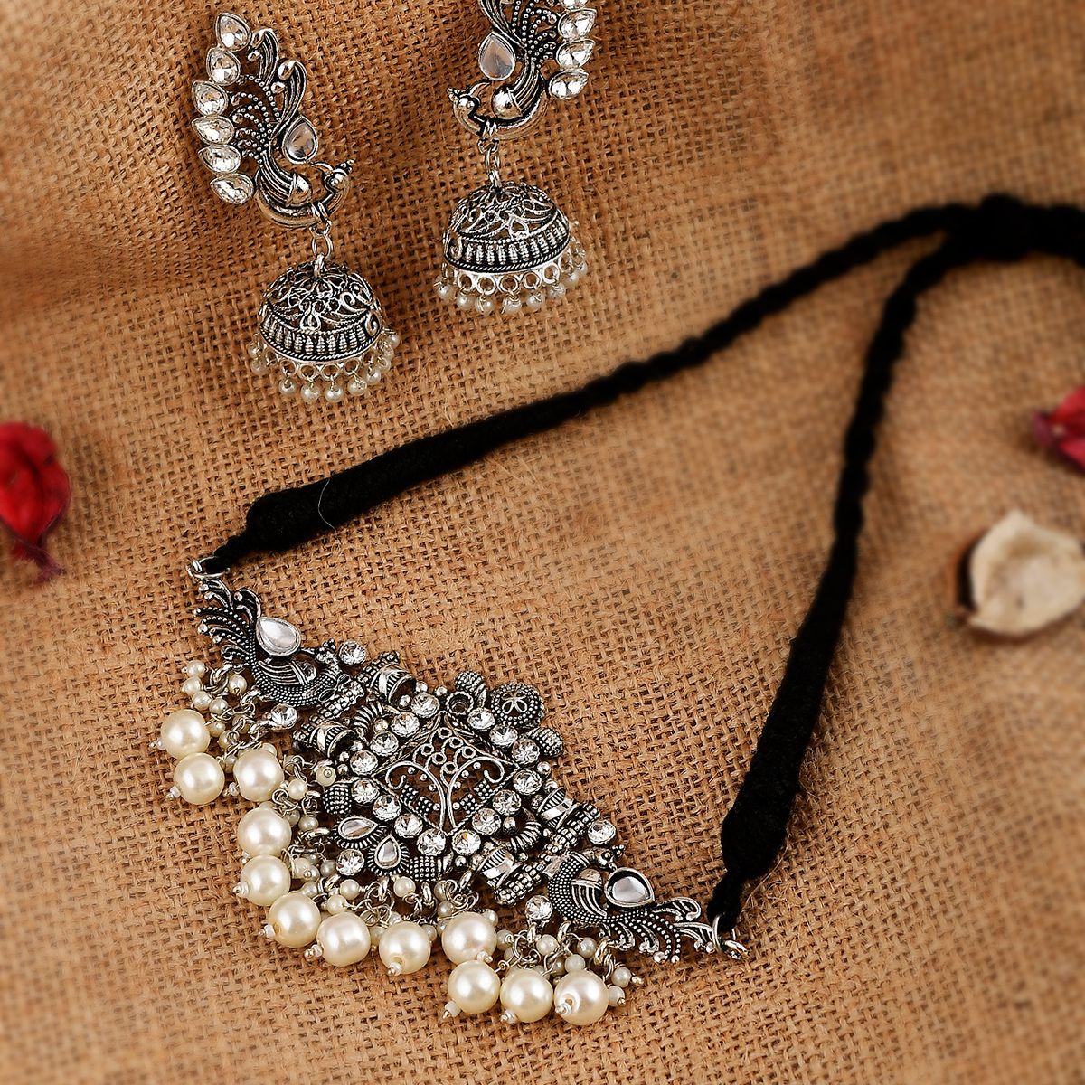 Shoshaa Silver-Plated Kundan Pearl and Beaded Choker Necklace (Set of 2)