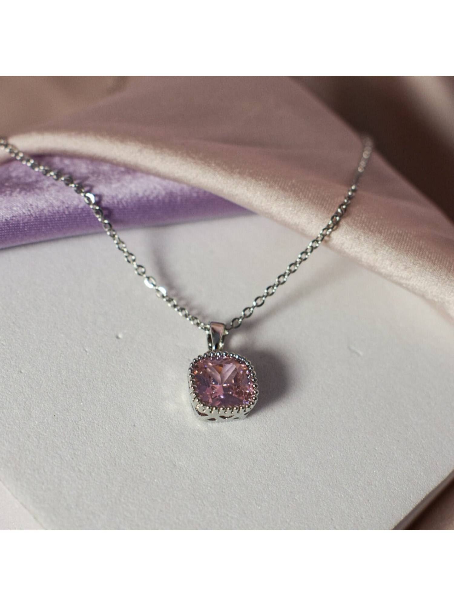Salty Women Dainty Pink Stoned Diamond Silver Plated Elegance Pendant Necklace