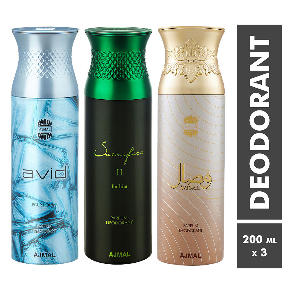 Ajmal Avid, Sacrifice II & Wisal Parfum Deodorant For Men and Women - Pack Of 3