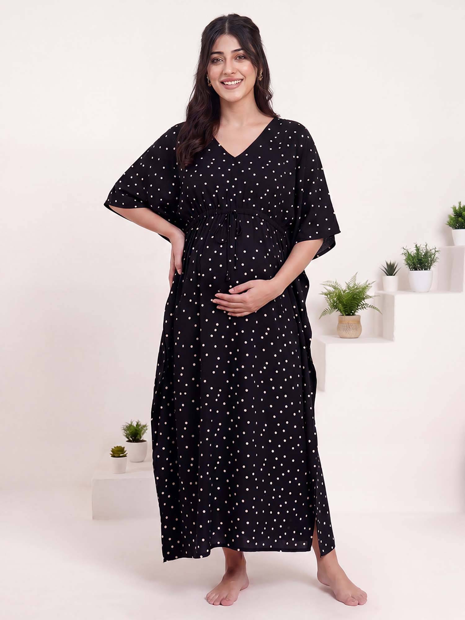 Secret Wish Black Polka Dots Rayon Maternity Kaftan