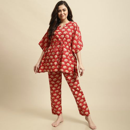 Secret Wish Womens Red Yellow Rajasthani Elephant Print Night Suit (Set  of 2) (S)