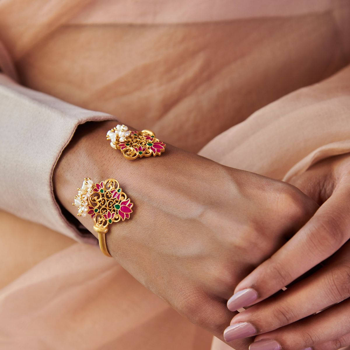ZARIIN 22KT Gold Dipped in Pink Enamel Glory Lotus Cuff Bracelet