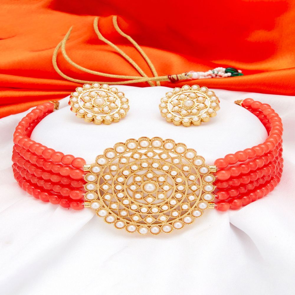 Buy Sukkhi Exclusive Gold Plated Light Red Pearl Choker Necklace
