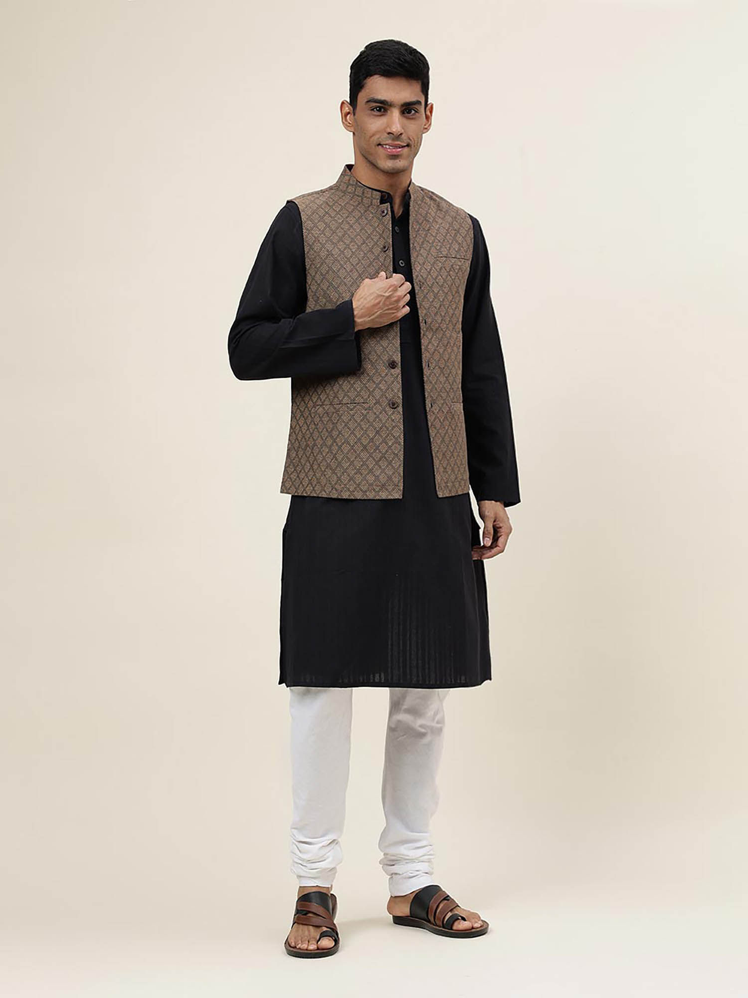 Buy Fabindia Brown Cotton Hand Block Printed Nehru Jacket Online