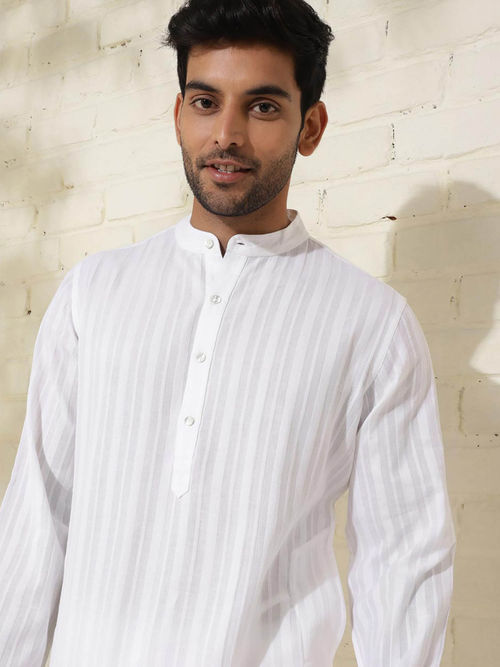 Buy Fabindia White Cotton Knee Length Slim Fit Dobby Stripes Mandarin  Collar Kurta Online