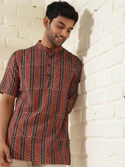 Fabindia Black Red Cotton Ajrakh Print Mandarin Collar Kurta (S)