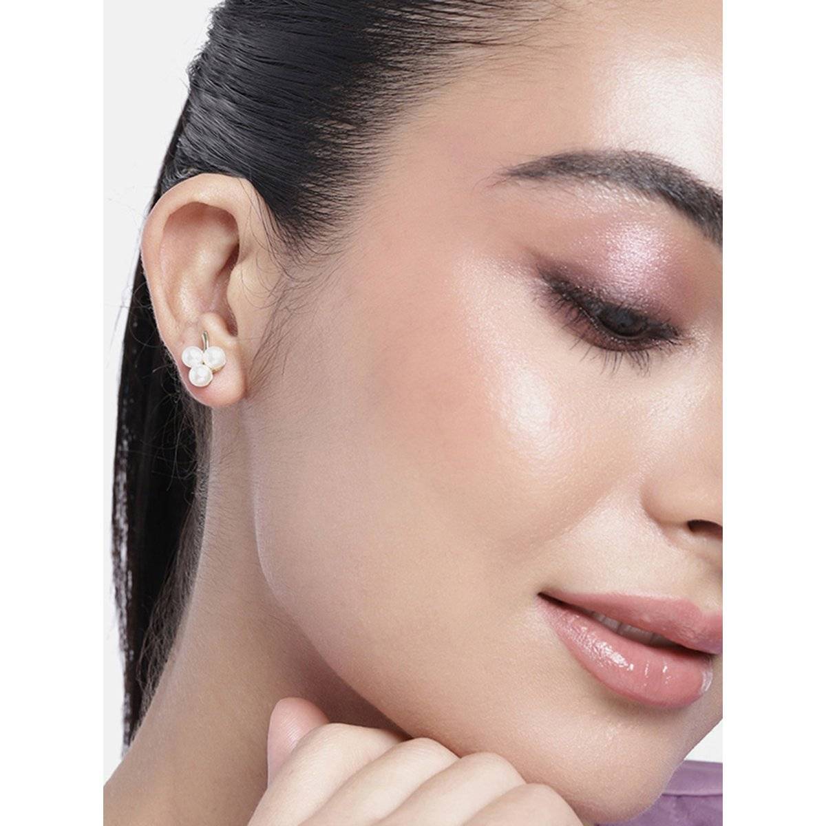 Estele Gold Plated Cotton Pearl Stud Earrings for Girls and Women