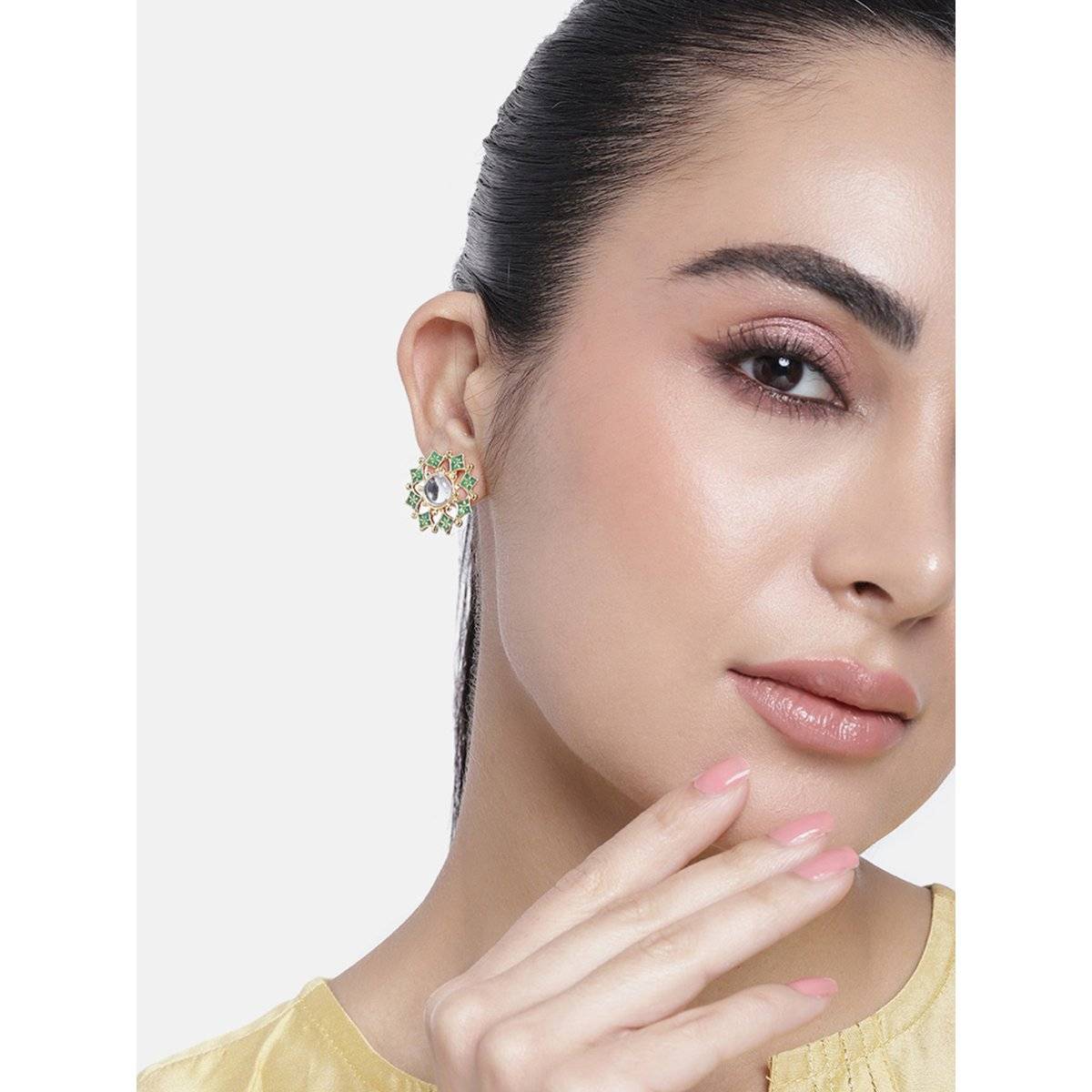 Estele Gold Tone Green Enamel Meenakari Kundan Stud Earrings for Women