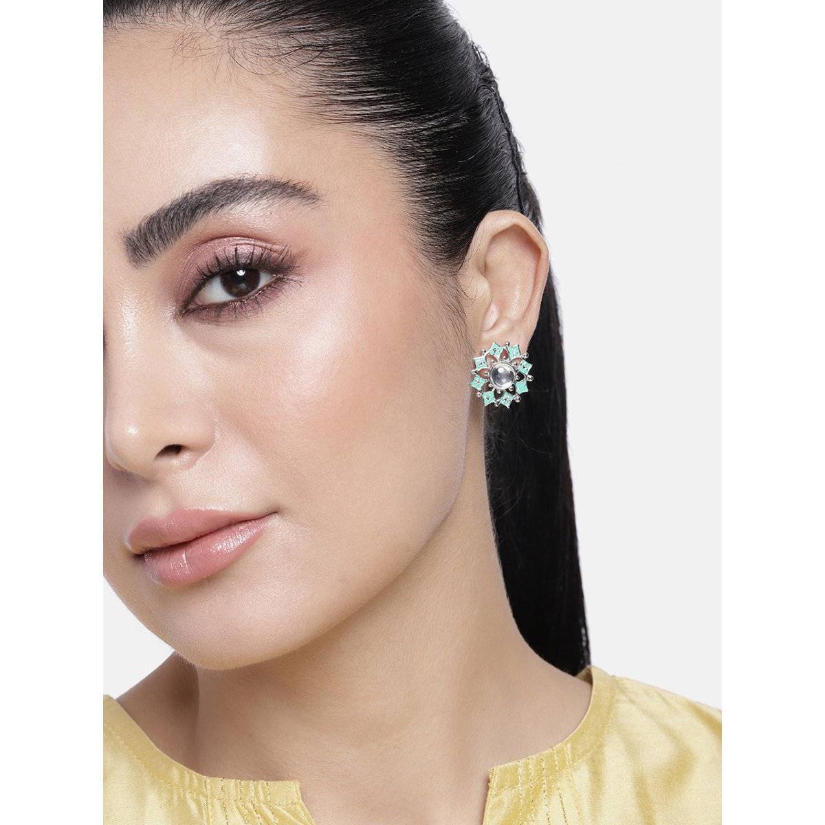 Estele Rhodium Plated Flower Shaped Blue Meenakari Kundan Stud Earrings for Women