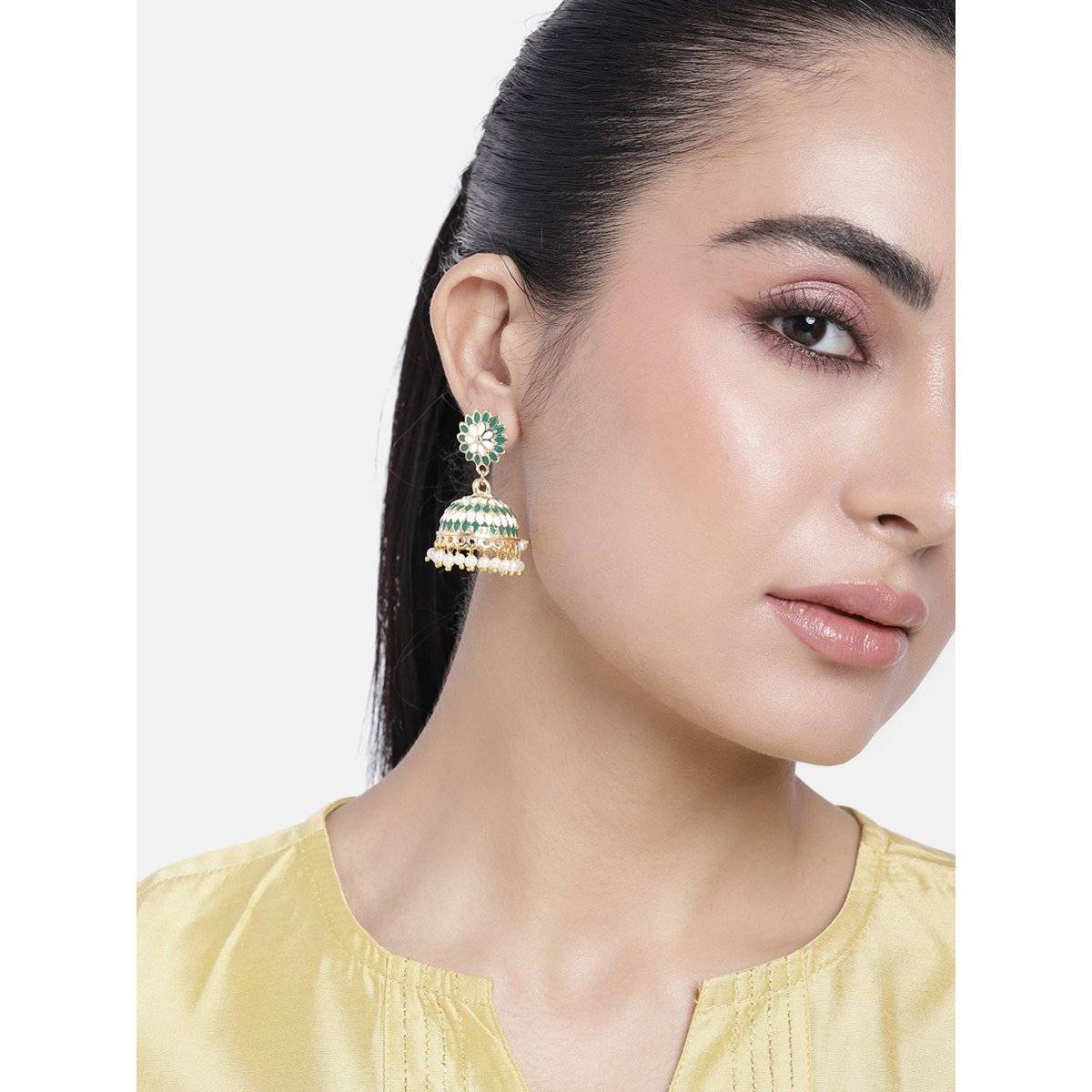 Estele Gold Tone Traditional Green Meenakari Jhumki Earrings with Pearls for Women