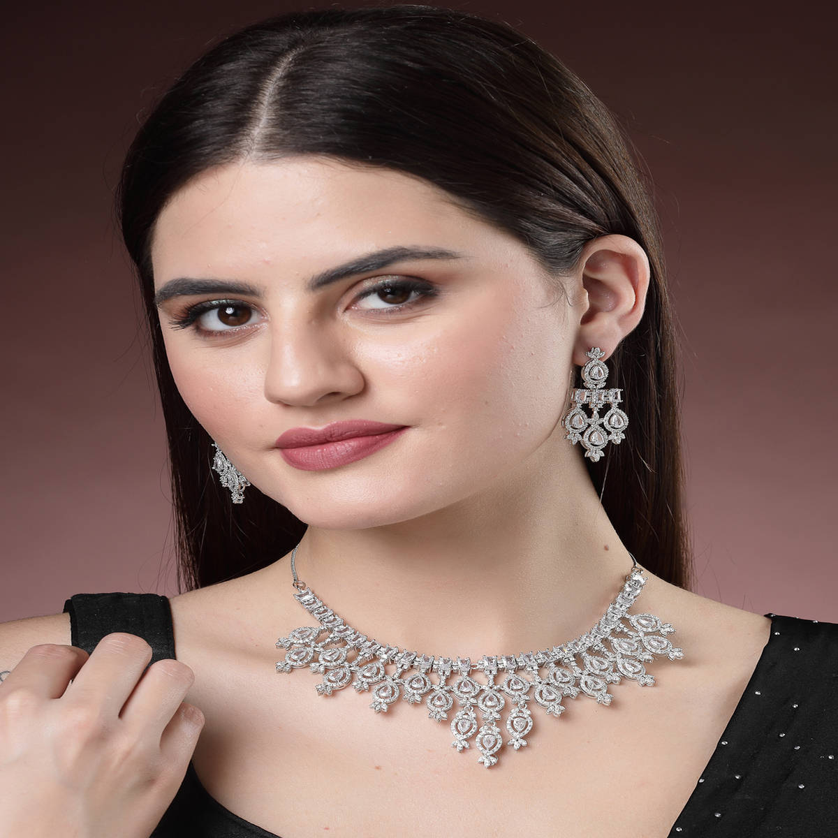 NVR Women Silver-Plated Cubic Zirconia Studded Jewellery Set