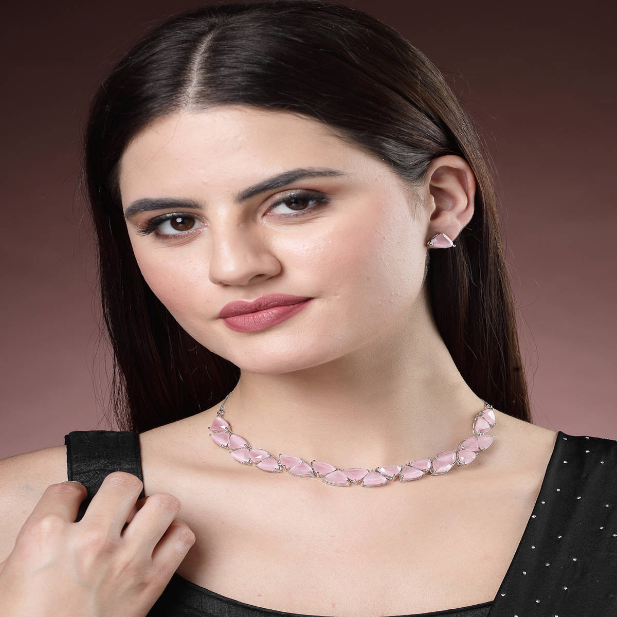NVR Women Pink Artificial Stones Studded Handcrafted Jewellery Set