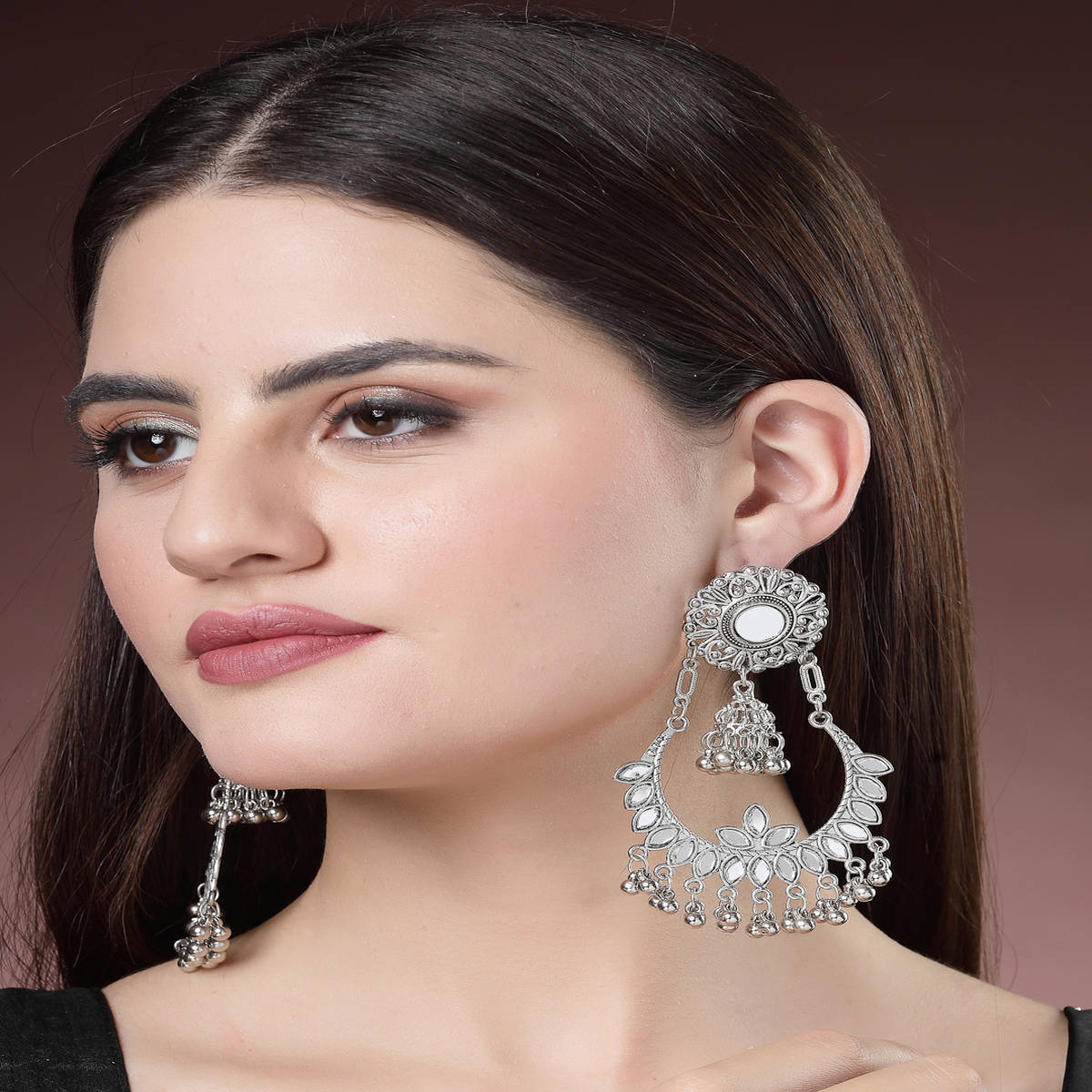 NVR Women Silver-Plated Mirror Work Oxidised Chandbali Earrings