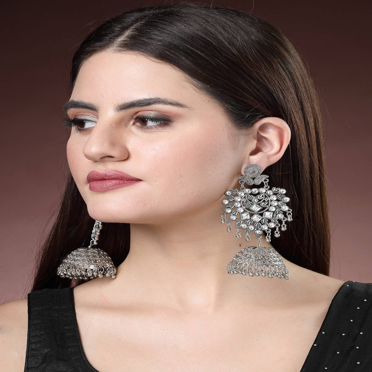 NVR Women Silver-Plated Oxidised Artificial Stones Dome Shaped Jhumka Earrings