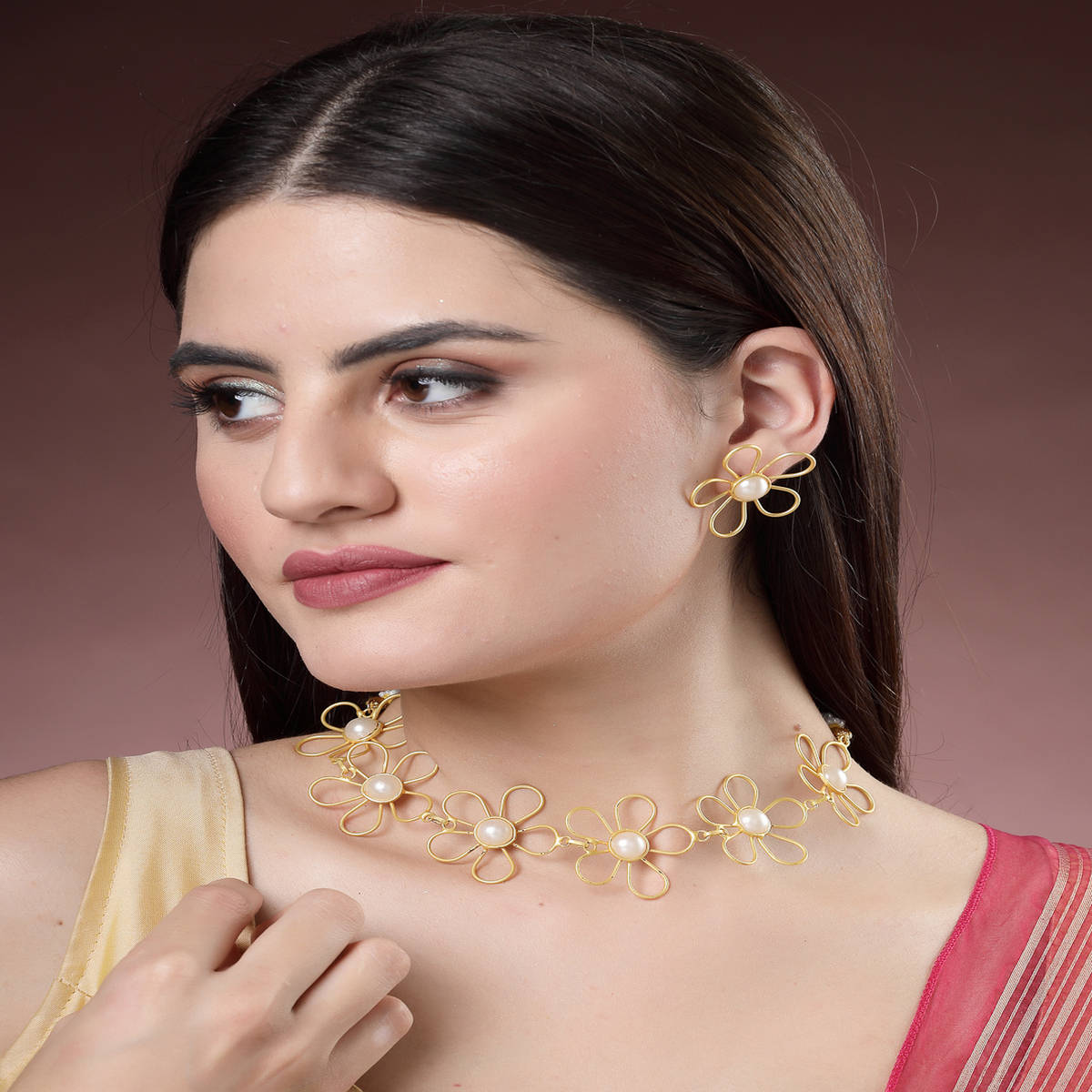 NVR Women Gold Plated Floral Shape Beaded Handcrafted Jewellery Set