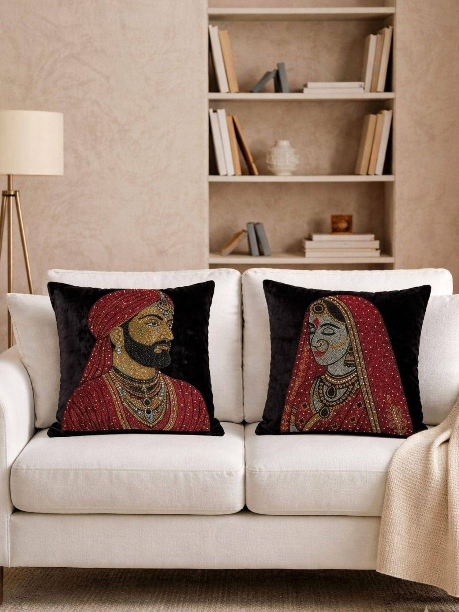 House of Owlet Black Velvet Fabric King and Queen Stonework Square Cushion Cover (16X16) (Pack of 2)