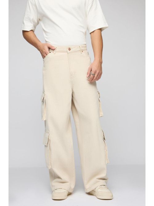 FREAKINS Ecru Wide Leg Cargo Jeans