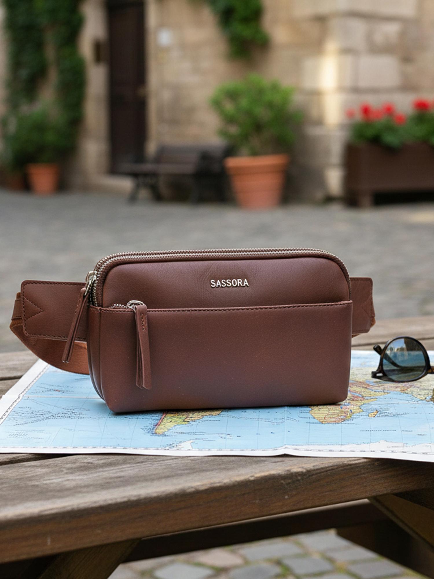 Buy Sassora Genuine Leather Travel Waist Bag - Brown (S) Online