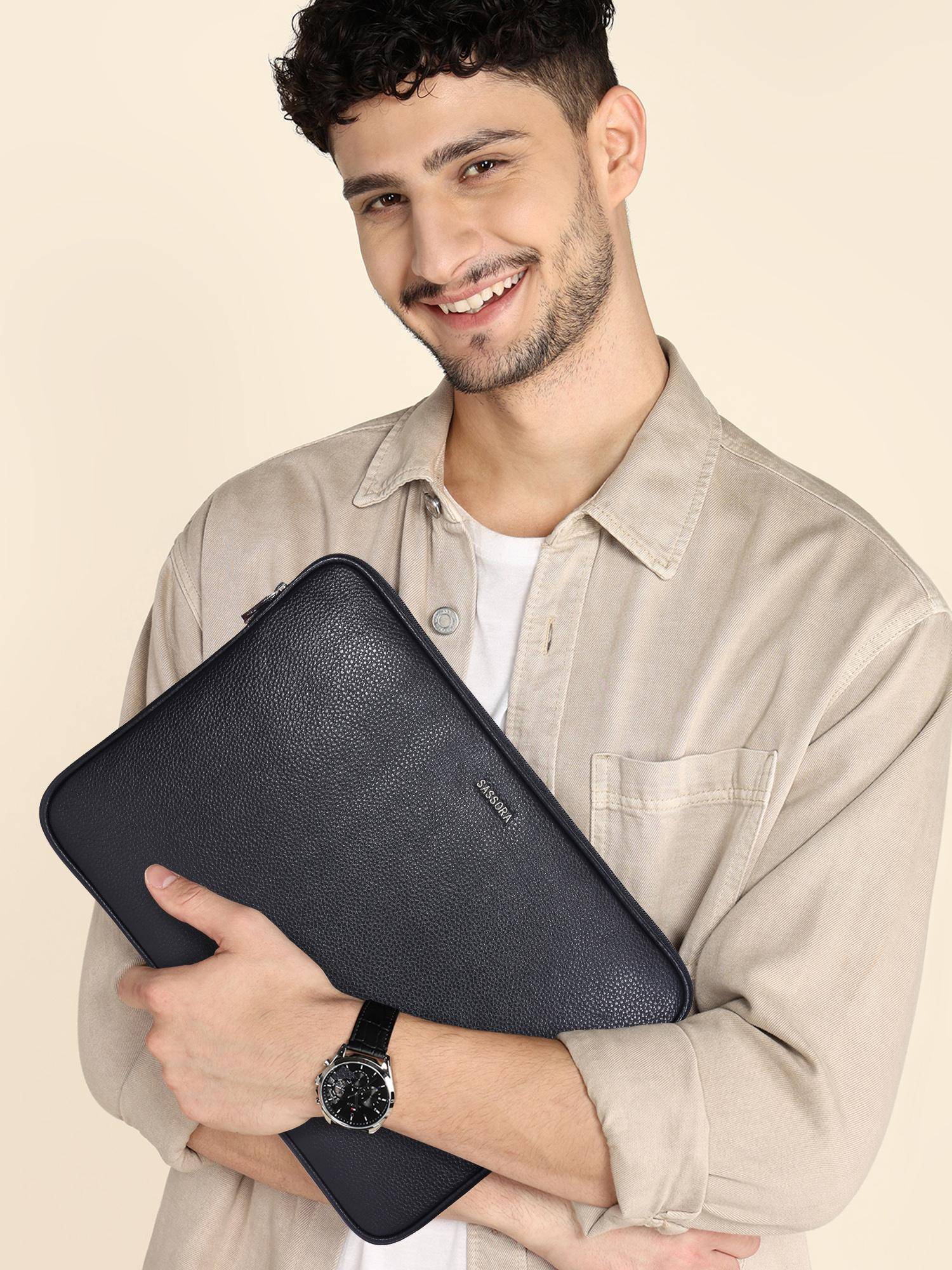 Sassora Premium Leather Slim Laptop Bag - Black (M)
