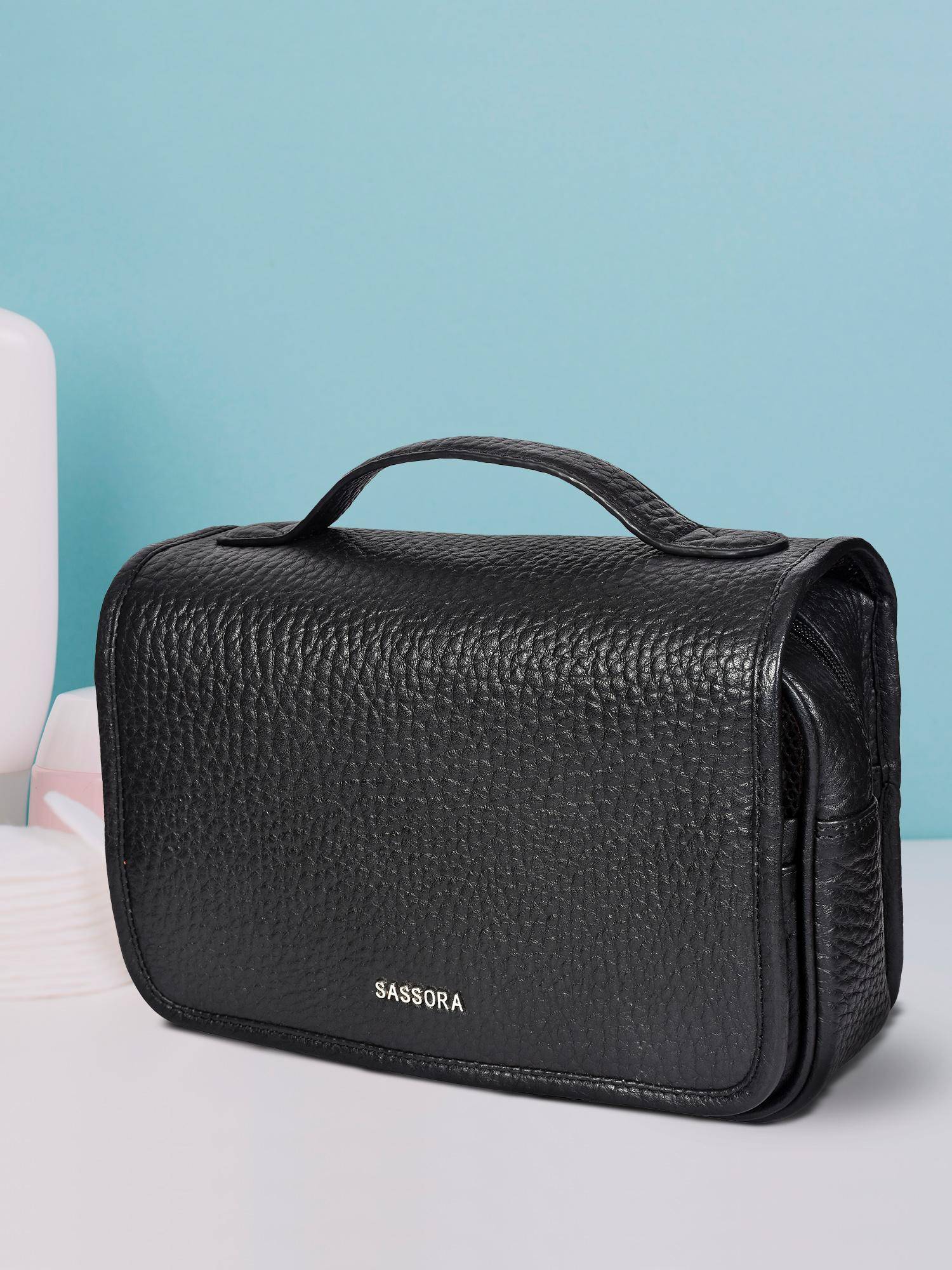 Sassora Premium Leather Flap with Zip Closure Travel Toiletry Pouch - Black (M)