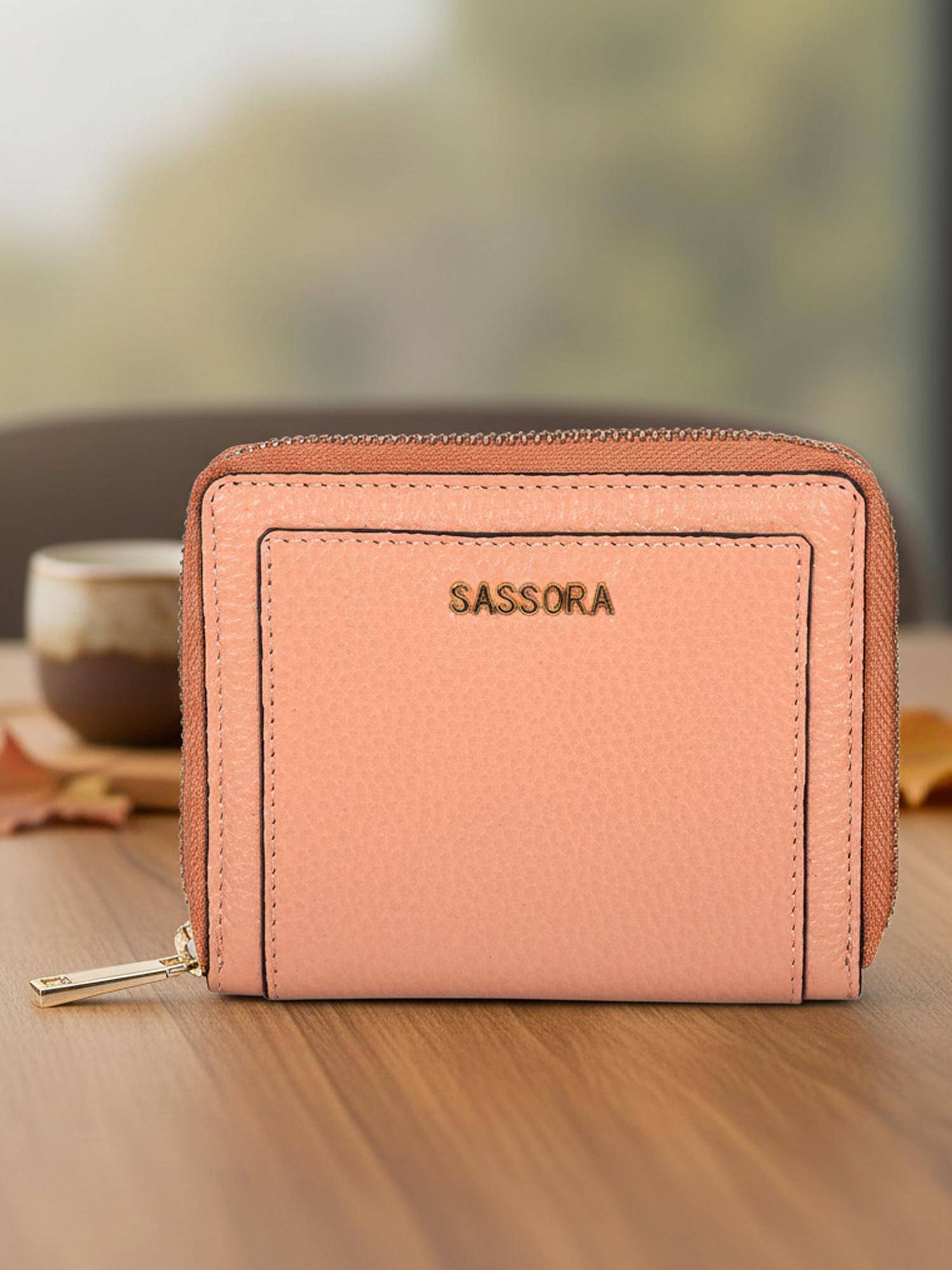 Sassora Genuine Leather RFID Blocking Compact Zip Around Wallet - Pink (M)