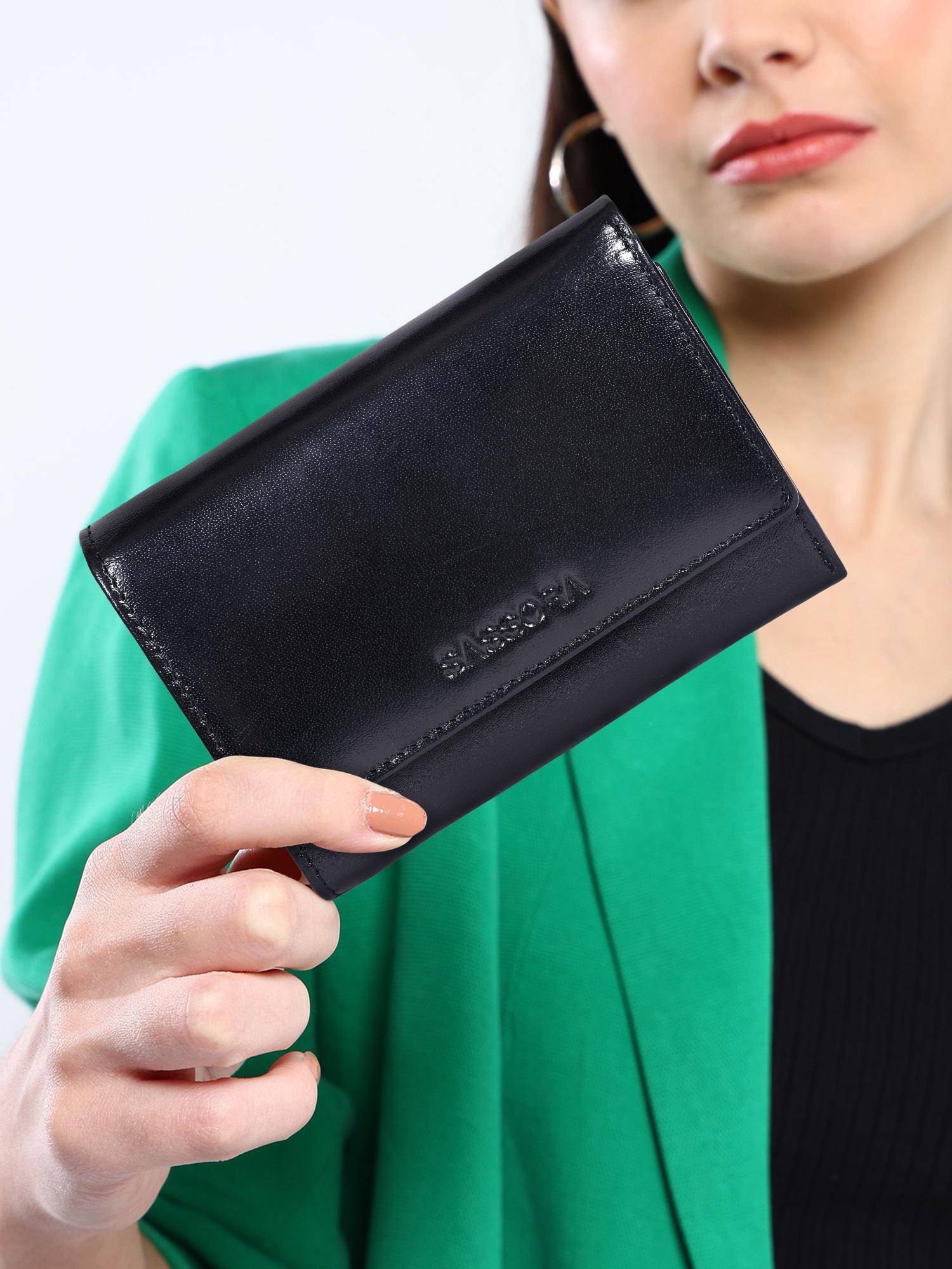 Sassora Genuine Leather RFID Blocking Tri-Fold Wallet - Black (M)