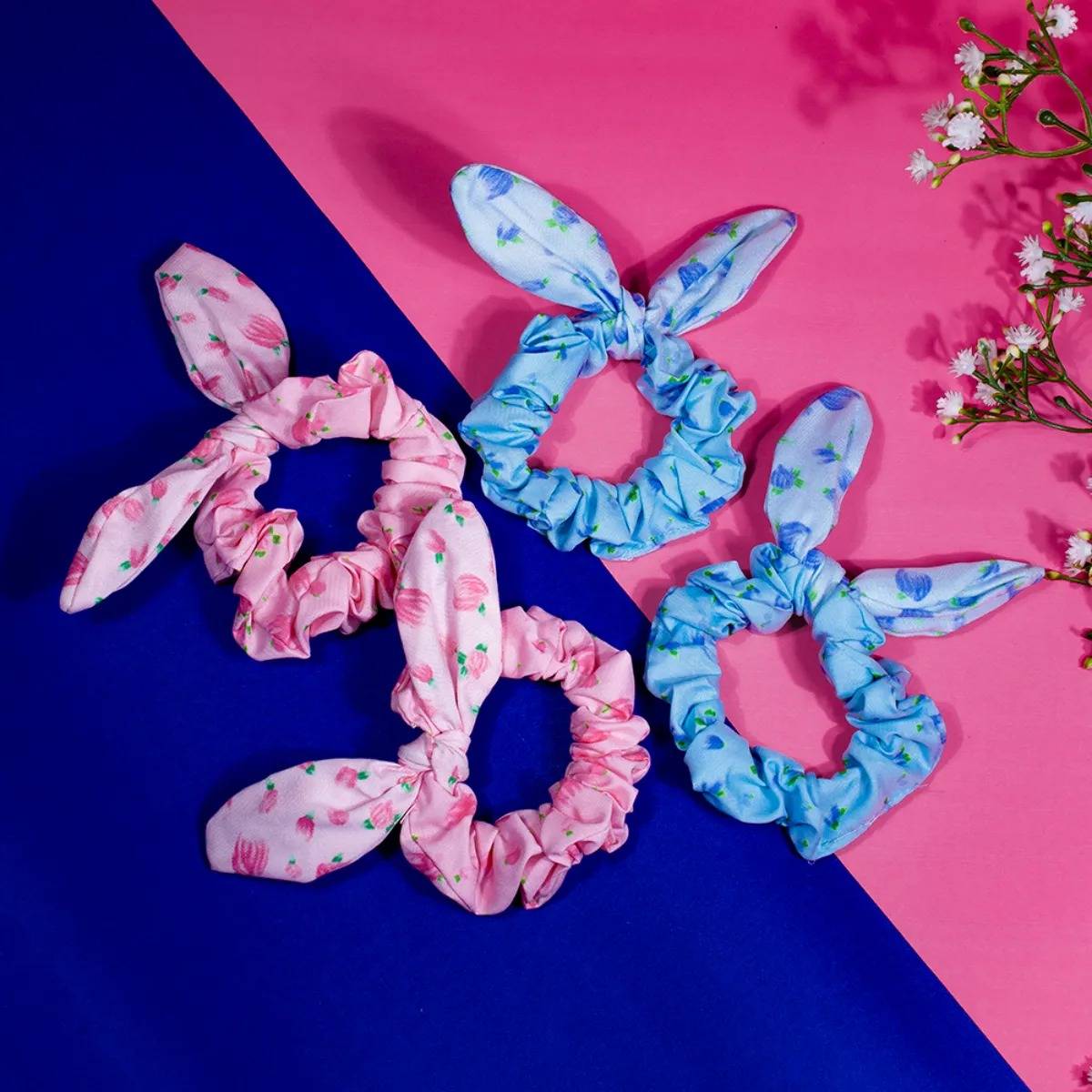 Jewelz Women Pink & Blue Cotton Printed Scrunchies