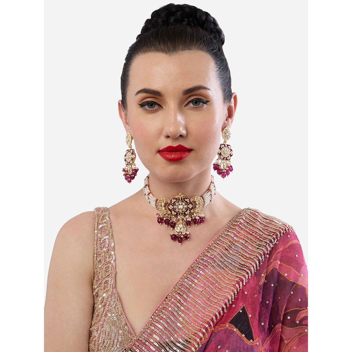 Zaveri Pearls Wine Multistrand Beaded Pearls Stones Choker Jewellery Set