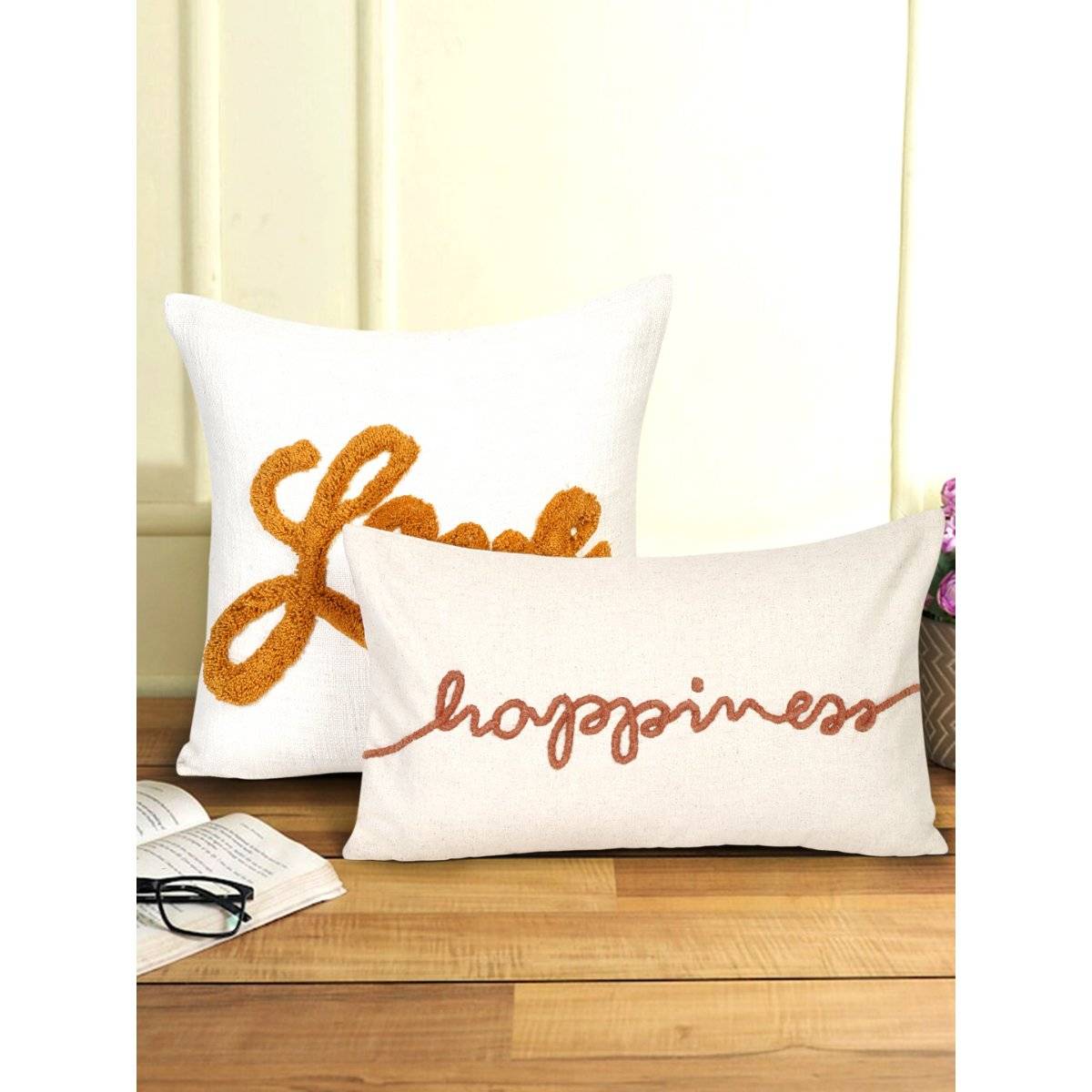 Eyda Cotton Love and Happiness Embroidered Cushion Cover Set of 2