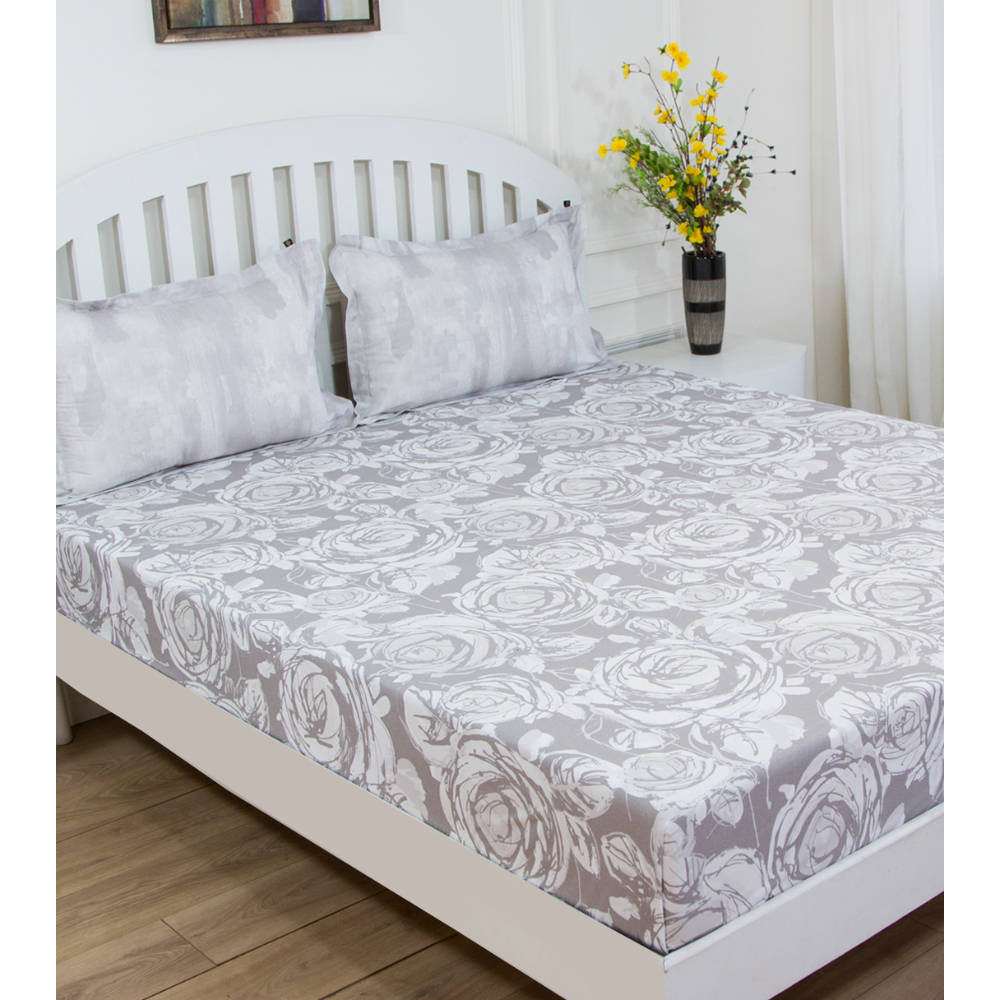 GM White Grey Floral 144 TC Cotton Queen Bedsheet with 2 Pillow Covers