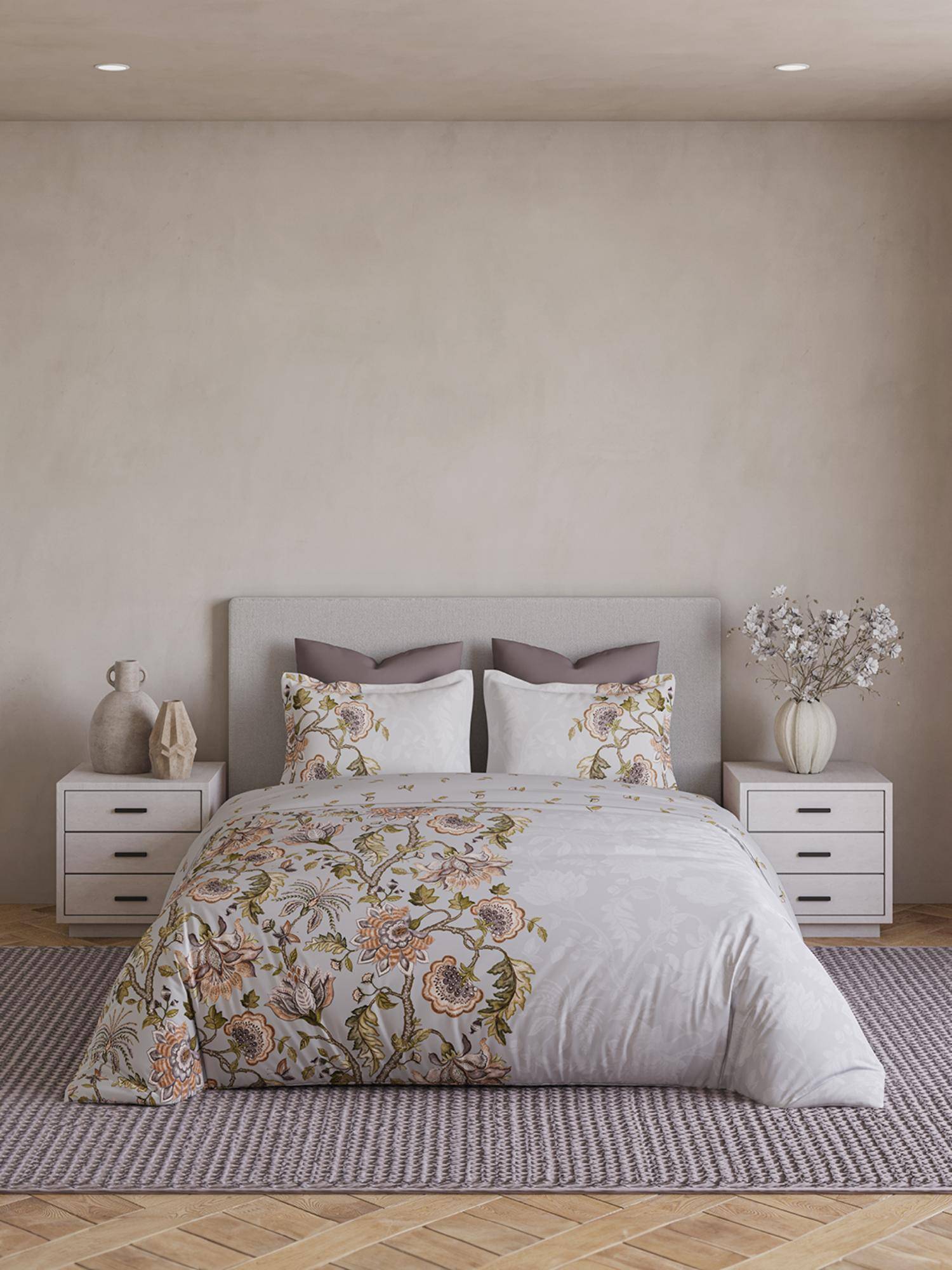 Ddecor Live Beautiful Cotton 180TC Ethnic Grey Super King Bedsheet with 2 Pillow Covers & Quilt