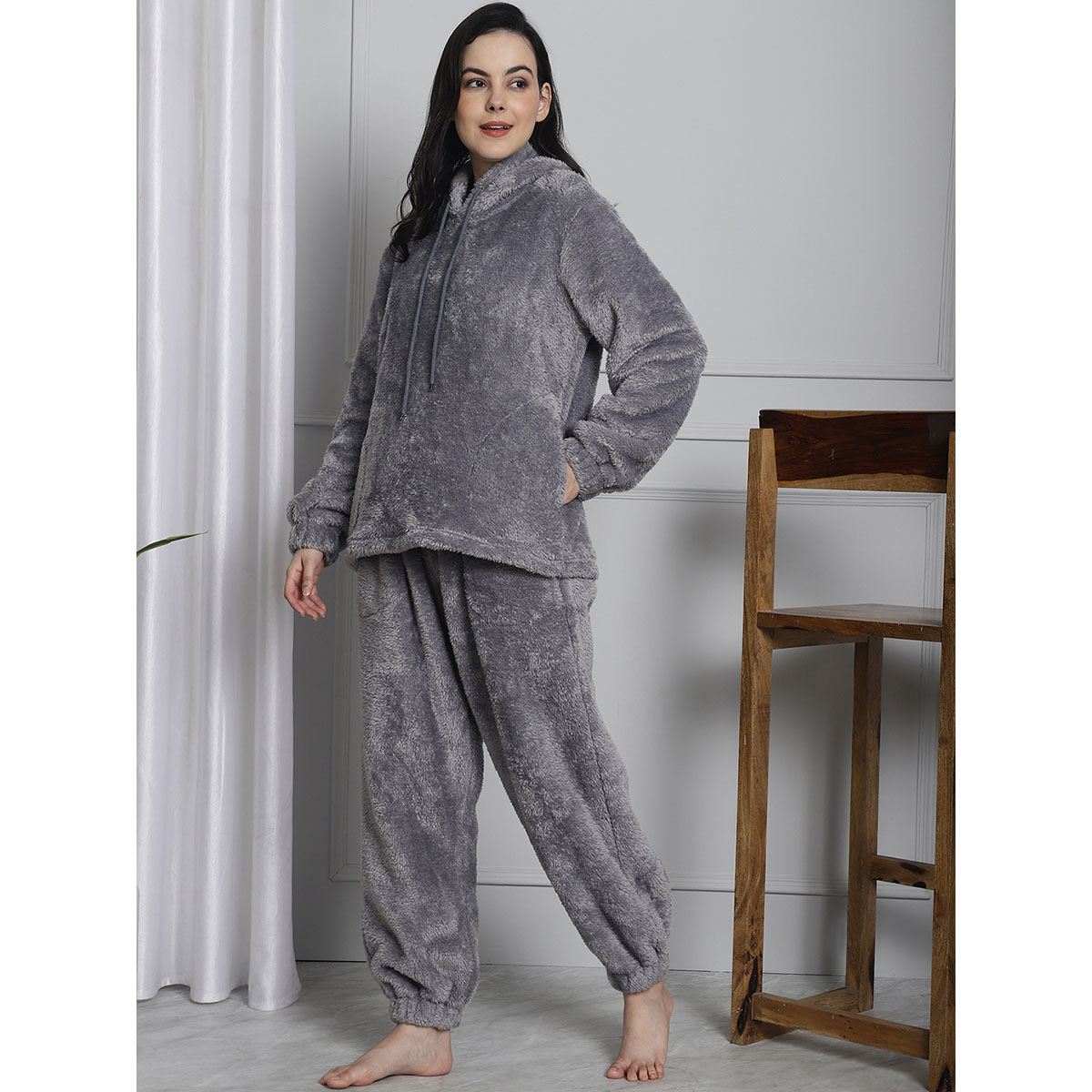 Buy Secret Wish Grey Faux Fur Winter Night Suit Set of 2 Online