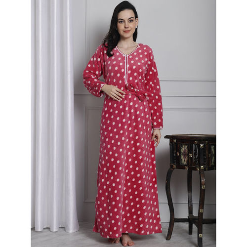 Secret Wish Pink Polka Dot Printed Woolen Nighty (Set of 2)