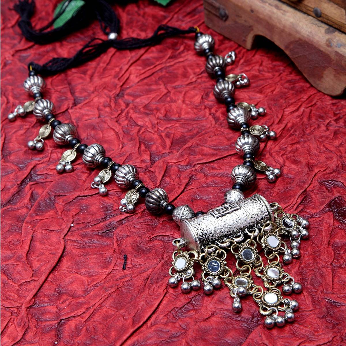Moedbuille Mirror & Beads Studded Antique Tasselled Design Handcrafted Dual Tone Oxidised Necklace